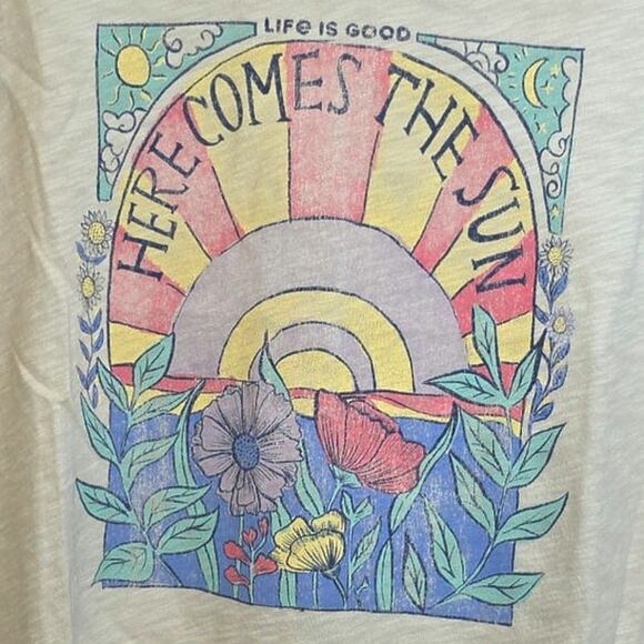 Life is Good Relaxed Tee Sunshine Womens Sz Large XL Cream Flowers Hippie Slub - Picture 2 of 13
